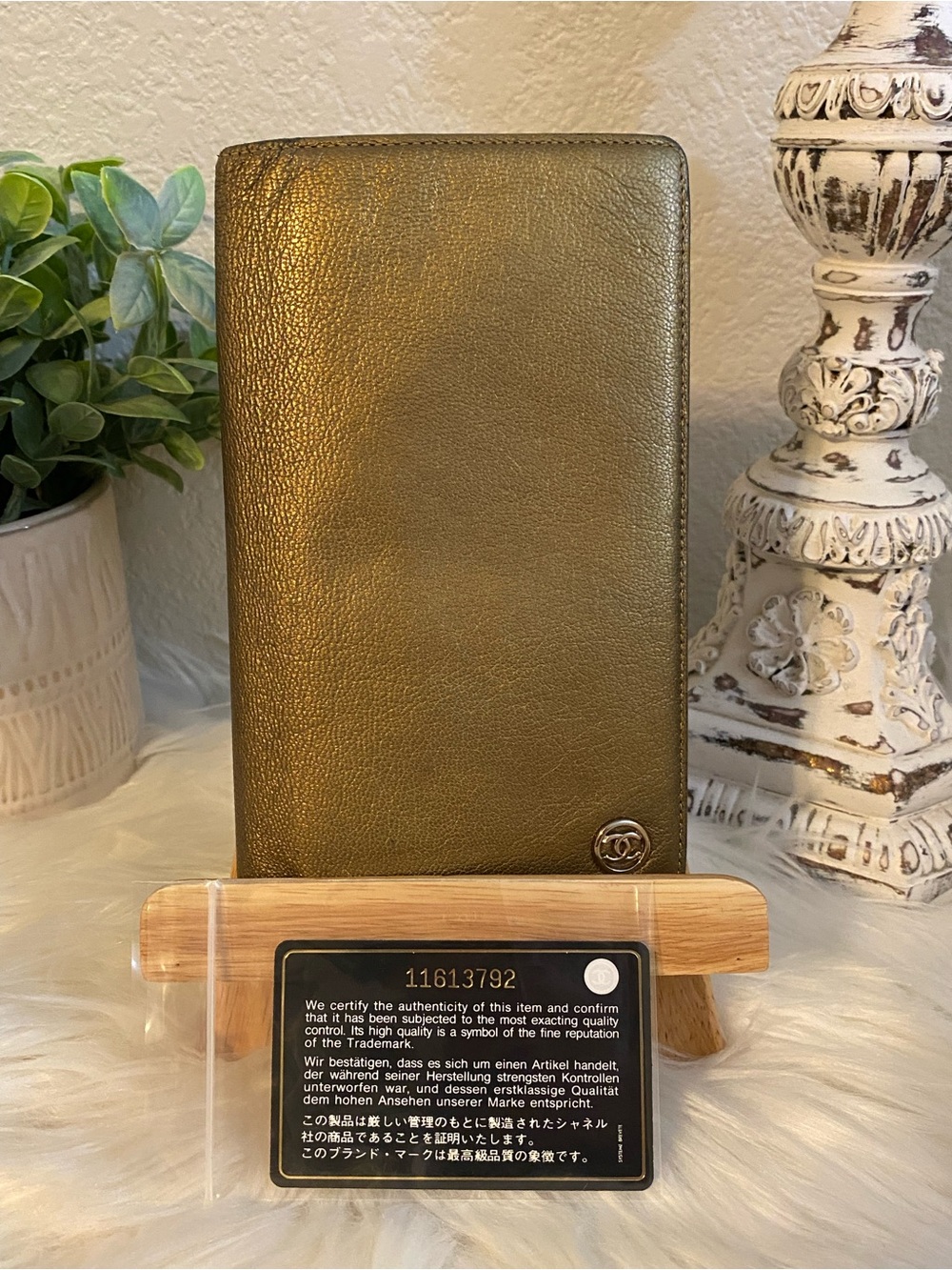 CHANEL Gold Calfskin Leather Long Wallet with CC Medallion & Black Card